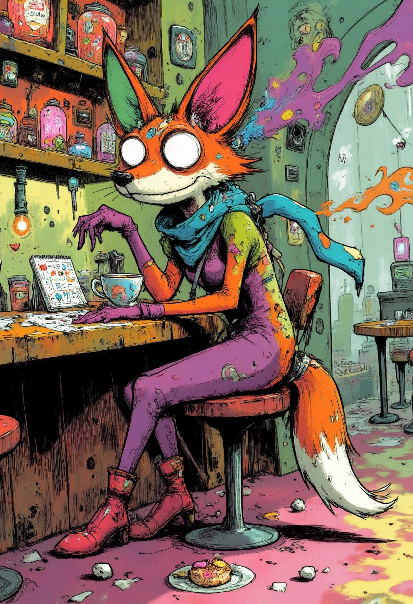 A sly fox lounges atop a cluttered counter, a teacup in hand swirling with vibrant, mystical fumes. The room buzzes with eccentric charm, potion bottles, scattered sugar cubes, and a forgotten pastry hint at a peculiar mix of alchemy and afternoon tea. The fox’s piercing gaze dares you to question their story as if they’re the keeper of secrets too whimsical to believe.