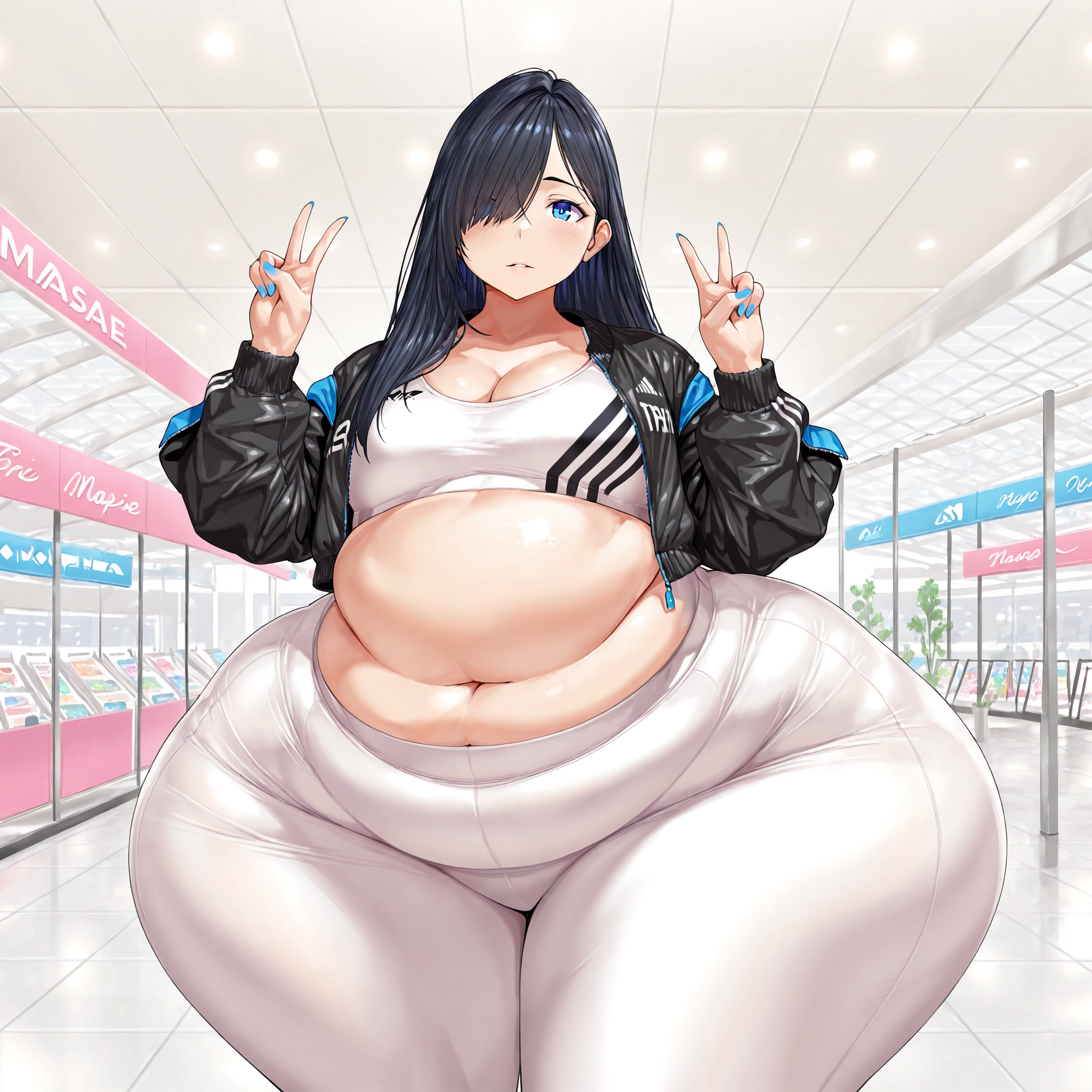(masterpiece), best quality, (highly detailed), 1female, solo, <lora:Toroboro_Illustrious:0.8>, massive hips, thick thighs, fat, huge belly, double V, long hair, hair over one eye, blue eye, black hair, black jacket, white sport bra, white yoga pants, shopping mall,