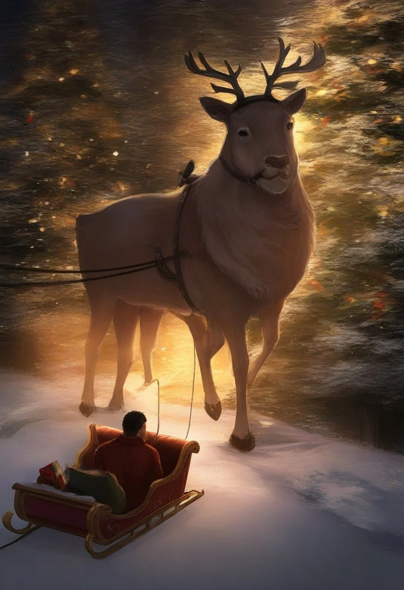 realistic shading, natural lighting, male focus, black hair, male eyes, manly, 1boy, sleigh, reindeer, christmas, leash, intricately detailed illustration, depth of field, atmospheric perspective, masterpiece, best quality, amazing quality, very aesthetic, absurdres, newest