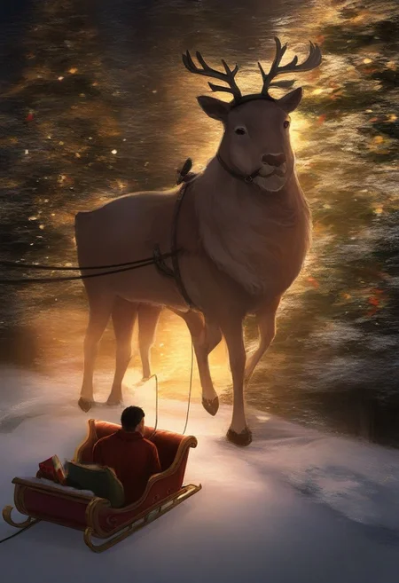 realistic shading, natural lighting, male focus, black hair, male eyes, manly, 1boy, sleigh, reindeer, christmas, leash, intricately detailed illustration, depth of field, atmospheric perspective, masterpiece, best quality, amazing quality, very aesthetic, absurdres, newest