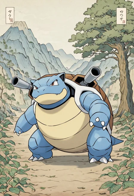 pokemon (creature), blastoise, style, thick lines, outline, no humans, pokemon (creature), tree, leaf, solo, outdoors, mountain, artist name