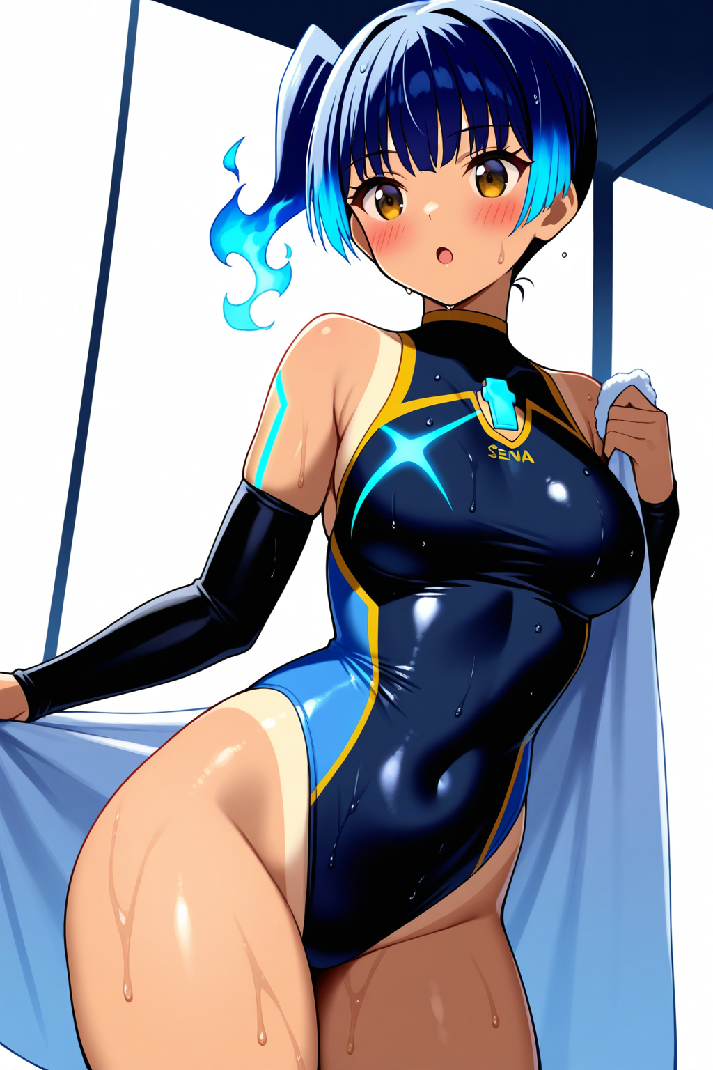 xenoblade chronicles \(series\), sena \(xenoblade\), 1girl, :o, black sleeves, blue hair, blush, breasts, brown eyes, covered navel, curvy, detached sleeves, fiery hair, glowing lines, groin, holding, holding towel, medium breasts, one-piece swimsuit, side ponytail, solo, standing, swimsuit, thighs, towel, wet, masterpiece, best quality, great quality, very aesthetic, aesthetic, absurdres