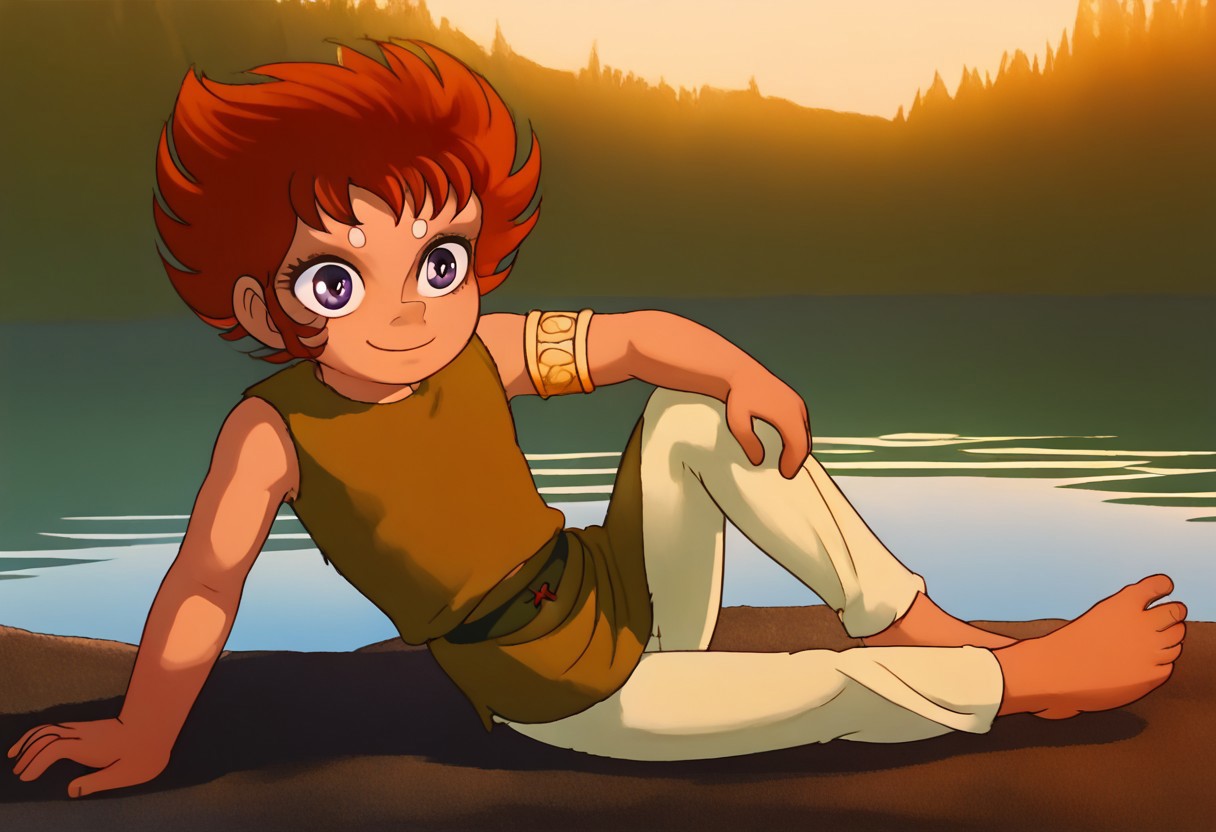 score_9, score_8_up, score_7_up, score_6_up, saintkiki, young, cute boy, male, spiky red-orange hair, large purple eyes, two purple markings on forehead, 1boy, solo, sleeveless tunic, black belt with buckle, golden arm bracelet, white pants, barefeet, beautiful eyes, expressive eyes, androgynous, beautiful face, wet clothes, , great lake background, aid291, smiling, sweet, petite, cute