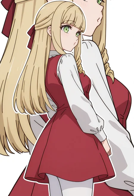 Smooth Quality,masterpiece,very intricate, high quality details, high detailed skin,detailed enviorement,absurdres, 
simple background, white background,from side,
 o3o,zoom layer, 
 <lora:Fiatoio_Annacnn:0.8>
fannacnn, 1girl, blonde hair, green eyes, long hair, blunt bangs, sidelocks, drill hair, 
white pantyhose, red dress, long sleeves,bow, hair ribbon, white shirt,