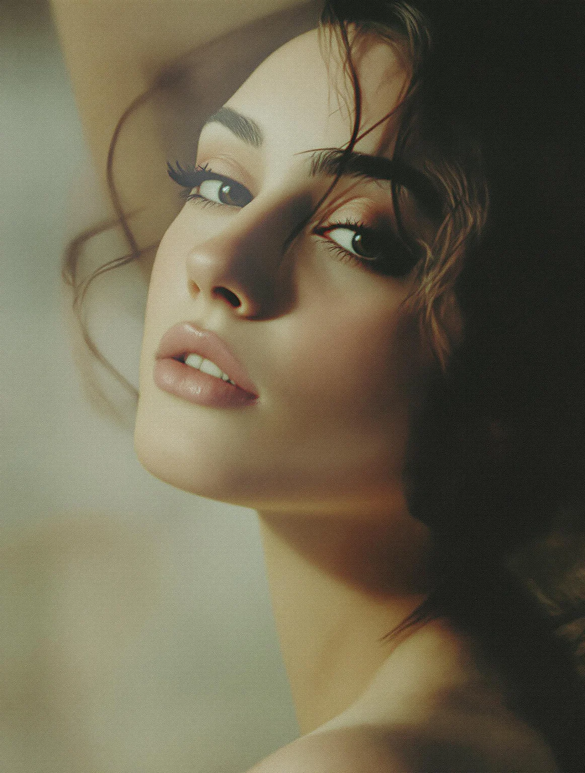 autochrome portrait study, over-shoulder glance,  neck tilted back, grainy color diffusion, subdued chromatic layers, dreamy light scatter, analog warmth meeting modern isolation –style ethereal