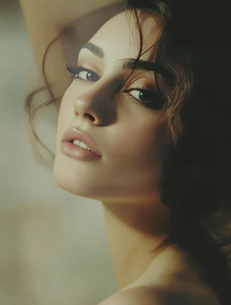 autochrome portrait study, over-shoulder glance, neck tilted back, grainy color diffusion, subdued chromatic layers, dreamy light scatter, analog warmth meeting modern isolation –style ethereal