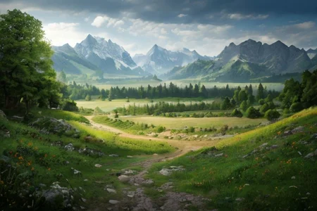 a photorealistic landscape with very close high mountains across the horizon, with lots of fields, woods and meadows stretching out before them and with a town inside of them, ultra realistic, highly detailed, RAW photo, (masterpiece:1.3), subsurface scattering, heavy shadow, professional photography