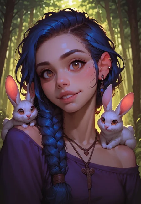 score_9_up, score_9, score_8_up, score_8, score_7_up, score_7, zPDXL3, g0th1c, morimee_style, cute face, colorful, photorealistic, 1girl, solo, blue hair, brown eyes, excited, ear piercing, necklace, charm, braided ponytail, hair over shoulder, off shoulder, purple shirt, rabbit, too many rabbits, standing, looking at viewer, forest, colorful background, portrait, source_cartoon, rating_safe