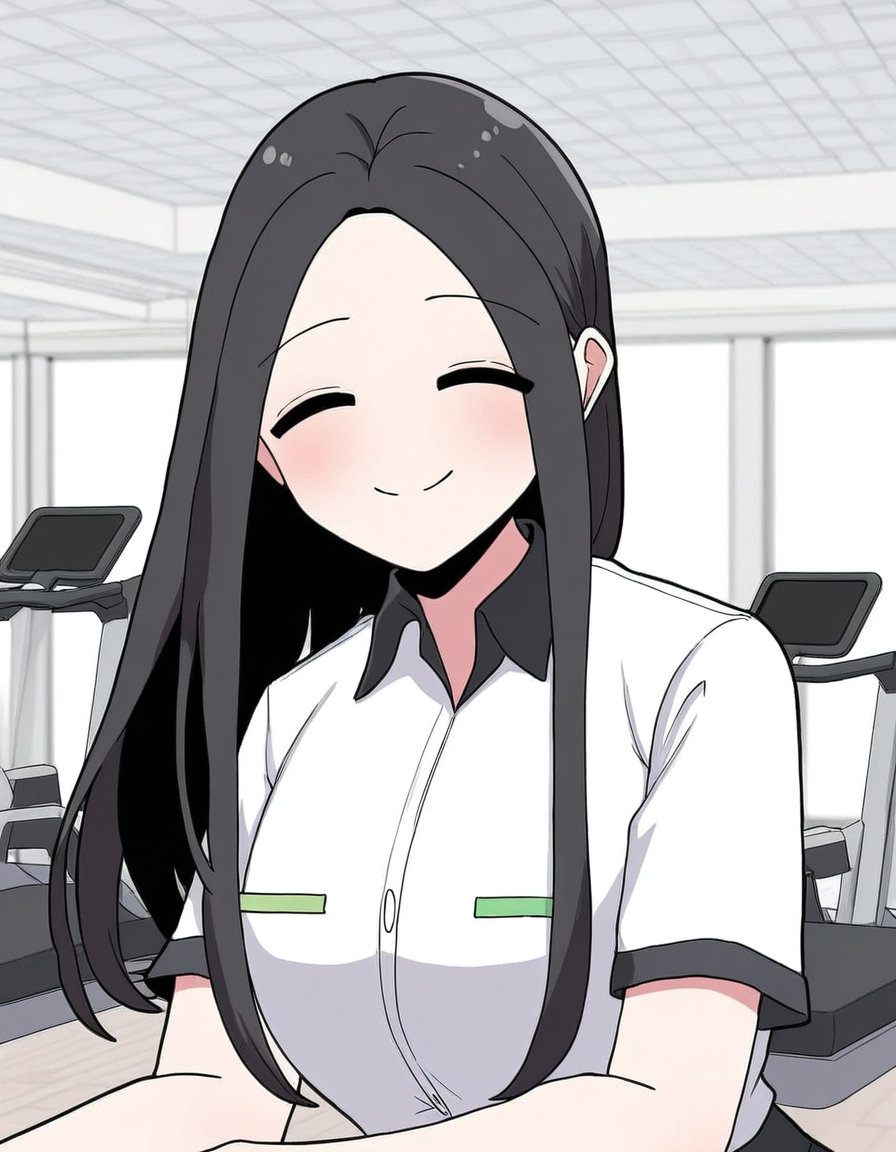 masterpiece, best quality, newest, absurdres, highres, safe,, <lora:yoo-jae-kyung-manhwa-illustriousxl-lora-nochekaiser:1>, yoo jae-kyung, long hair, large breasts, black hair, closed eyes, forehead,, skirt, shirt, white shirt, short sleeves, collared shirt, black skirt, pencil skirt, office lady,, gym, weights, treadmill, mirrors, exercise, smile, head rest, looking at viewer, solo,, cowboy shot, solo