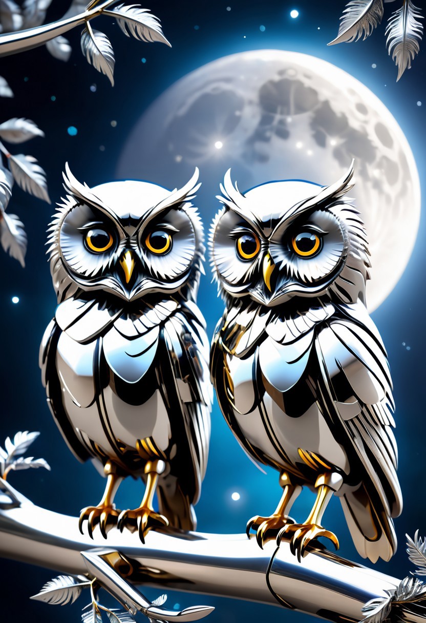 Two little owls sitting on a branch, with big, curious eyes and fluffy feathers, in a moonlit night made out of  Jed-Steel