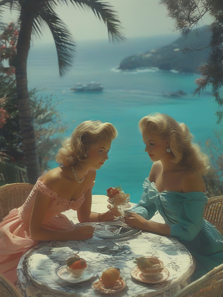 masterpiece,best quality,outdoor,style of Slim Aarons,<lora:tbh103-sdxl:1>,2girls,table