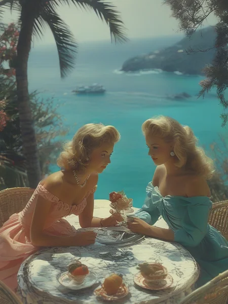 masterpiece,best quality,outdoor,style of Slim Aarons,<lora:tbh103-sdxl:1>,2girls,table
