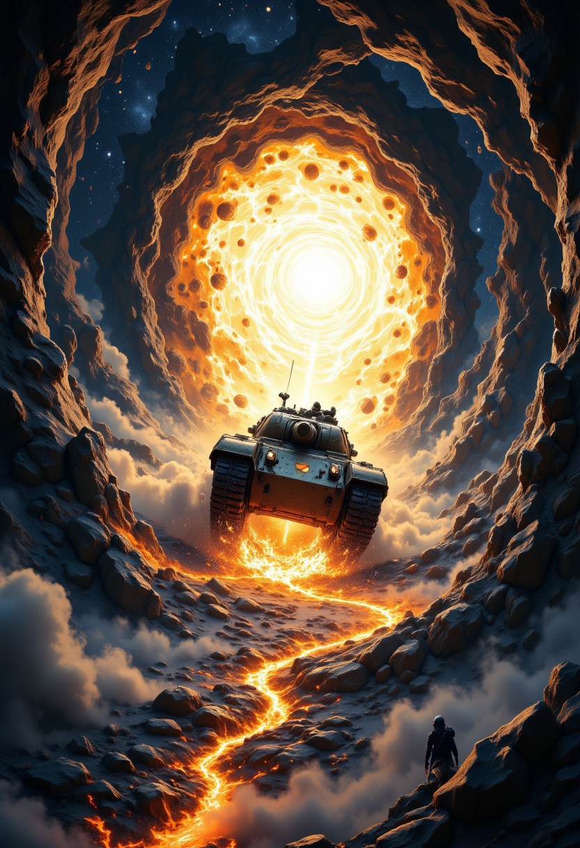 A detailed image of a portal to another dimension from which a tiger tank emerges towards us. a portal in the form of a swirling vortex of energy and particles, moving plasma and fractal discharges. The tank has half-emerged from the portal and we see its tank armor. on one side of the portal there is a summer environment.