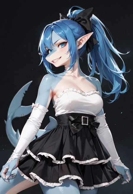 score_9,score_8_up,score_7_up,score_6_up,masterpiece,best quality,amazing quality,very aesthetic,high resolution,ultra-detailed,absurdres,dark background,1girl,shark_girl,anthro,pointy ears,high_ponytail,blue skin,claws,medium breasts,looking_at_viewer,blue hair,blue eyes,evil grin,high-waist skirt,frilled skirt,pleated skirt,white trim,black skirt,bare shoulders,white top,strapless dress,detached sleeves,elbow gloves,white gloves,black bow,<lora:MyTrainings\Temp\White_Top_Black_Frilled_Skirt_Pony_Pony_ARZUMATA\White_Top_Black_Frilled_Skirt_Pony_Pony_ARZUMATA.safetensors:0.6>