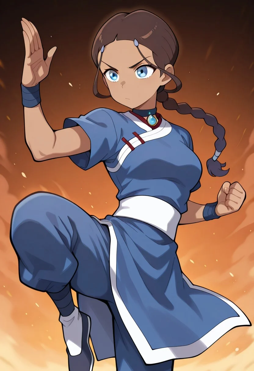 masterpiece, best quality, amazing quality,, illukatara, dark-skinned female, brown hair, blue eyes,, choker, blue dress, side slit, short sleeves, blue pants, <lora:kung-fu-illustriousxl-lora-nochekaiser:1>, kung fu, martial arts, training, fighting stance, cowboy shot, hand up, leg up, <lora:tangzhuang-illustriousxl-lora-nochekaiser:1>, tangzhuang,