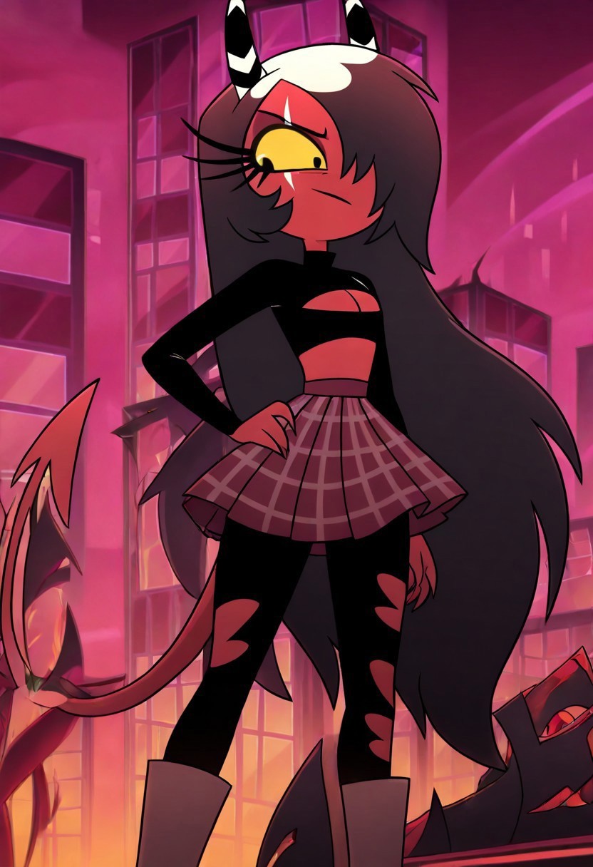 masterpiece, best quality, newest, absurdres, highres, anime, anime style, HB-ARTSTYLE-V1.0, 1girl, SMHBS-V1.0, demon girl, red skin, red colored skin, skirt, short skirt, torn legging, torn tights, hair over one eye, clevage, clevage cutout, clothing cutout, very long hair, yellow sclera, colored sclera, tail,