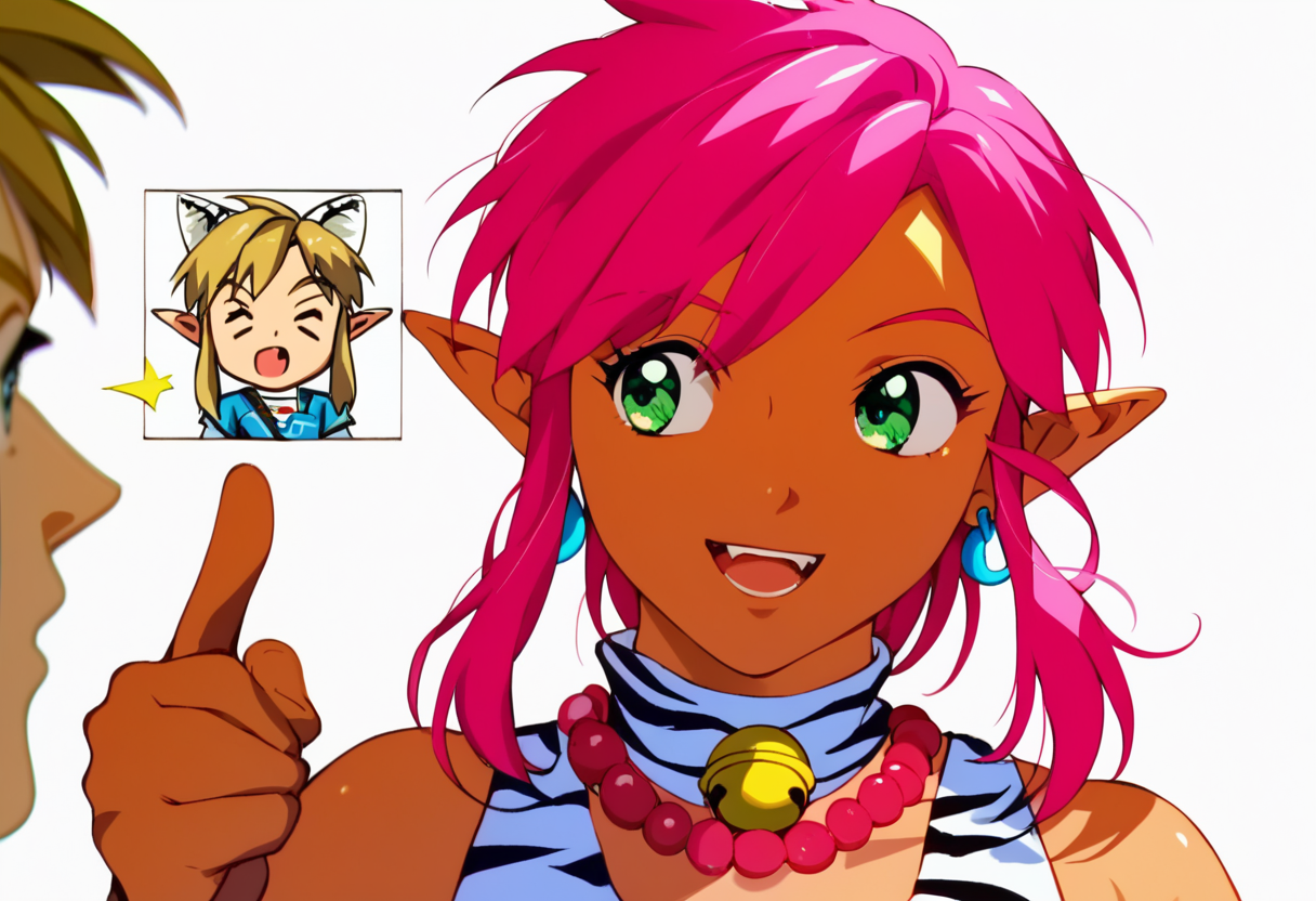 score_9, score_8_up, score_7_up, score_6_up, Masterpiece, source_anime screenshot, duo, 1 girl, 1 boy, vivid colors, full color, shiny and glossy, anime style, high-res, beautiful aesthetic, very intricate, high-quality details, vibrant, highly detailed, award-winning, professional, <lora:pink-ponyxl-v2:1>, 1 girl, single fang showing, sleeveless dress, white tiger print dress, pelvic curtain, cleavage, white cat ears, cat bell necklace, bright pink hair, tanned, white tiger tail, red sash, small breasts, leather shoes, detailed eyes, green eyes, detailed face, break, <lora:link:1> 1boy, link1, link, pointy ears, blonde hair, blue eyes, medium hair, side locks, earrings, short ponytail, blue hylian tunic, break, pink and link turning away from viewer, looking away from viewer, pointing and laughing at something behind them, blank white background