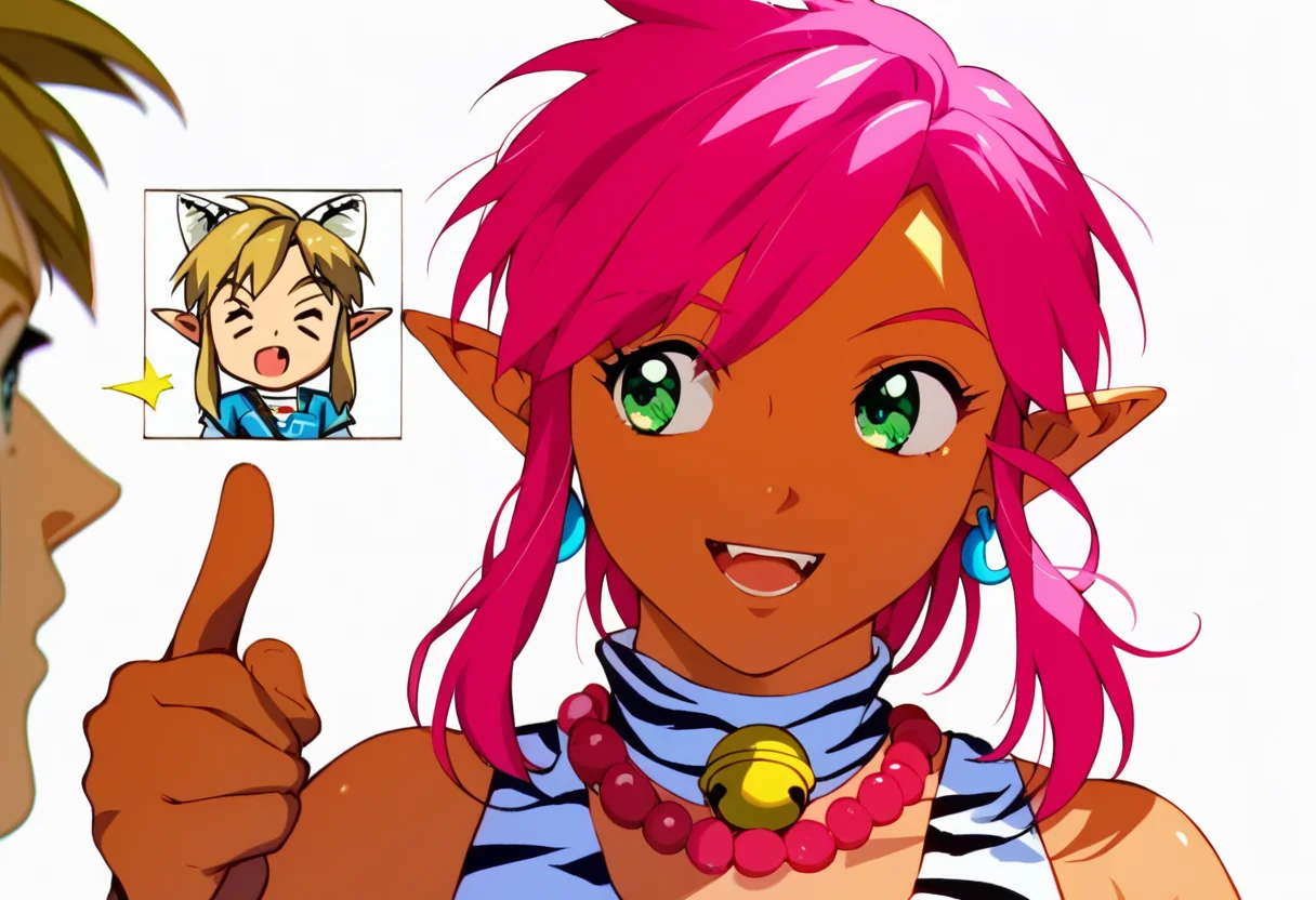 score_9, score_8_up, score_7_up, score_6_up, Masterpiece, source_anime screenshot, duo, 1 girl, 1 boy, vivid colors, full color, shiny and glossy, anime style, high-res, beautiful aesthetic, very intricate, high-quality details, vibrant, highly detailed, award-winning, professional, <lora:pink-ponyxl-v2:1>, 1 girl, single fang showing, sleeveless dress, white tiger print dress, pelvic curtain, cleavage, white cat ears, cat bell necklace, bright pink hair, tanned, white tiger tail, red sash, small breasts, leather shoes, detailed eyes, green eyes, detailed face, break, <lora:link:1> 1boy, link1, link, pointy ears, blonde hair, blue eyes, medium hair, side locks, earrings, short ponytail, blue hylian tunic, break, pink and link turning away from viewer, looking away from viewer, pointing and laughing at something behind them, blank white background