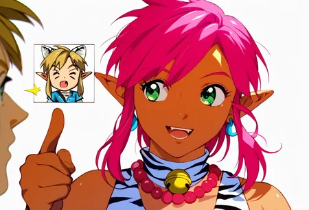 score_9, score_8_up, score_7_up, score_6_up, Masterpiece, source_anime screenshot, duo, 1 girl, 1 boy, vivid colors, full color, shiny and glossy, anime style, high-res, beautiful aesthetic, very intricate, high-quality details, vibrant, highly detailed, award-winning, professional, <lora:pink-ponyxl-v2:1>, 1 girl, single fang showing, sleeveless dress, white tiger print dress, pelvic curtain, cleavage, white cat ears, cat bell necklace, bright pink hair, tanned, white tiger tail, red sash, small breasts, leather shoes, detailed eyes, green eyes, detailed face, break, <lora:link:1> 1boy, link1, link, pointy ears, blonde hair, blue eyes, medium hair, side locks, earrings, short ponytail, blue hylian tunic, break, pink and link turning away from viewer, looking away from viewer, pointing and laughing at something behind them, blank white background