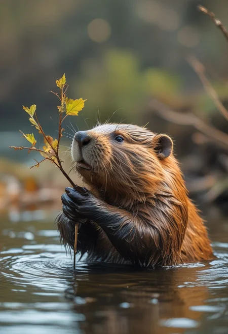 a beaver is chewing on a branch in the water, beaver, whimsical beaver, resplendent and proud of bearing, anthropomorphic beaver, 4 k high - resolution photograph, wildlife photography canon, long brown beard, capybara, lush wildlife, adapted to a drier climate, bbc earth, still from a nature documentary, wild species photography , easynegative, negative_hand, EasyNegativeV2