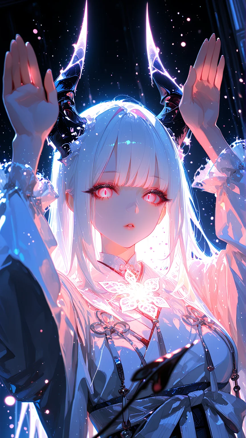 very aesthetic, 8k, volumetric lighting, depth of field, masterpiece, best quality, amazing quality, newest, absurdres, highres, detailed, ultra-detailed, ambiet occlusion, glow, shining, gradient color, model style, stylist, blum effect, particles, illustration, CG, raytracing, soft lighting, absolutely eye-catching, very awa, HDR, chromatic abberation,
BREAK.
detailed face, detailed body, long eyelashes, detailed eyelashes, detailed lips, detailed background, detailed foreground, dynamic angle,
BREAK.
close-up,
BREAK.
girl, twisted horns, black horns, demon tail, rabbit pose, looking at viewer, white robe,
<lora:Detailer_NoobAI_Incrs_v1:1>, <lora:NOOB_vp1_detailer_by_volnovik_v1:0.3>, <lora:noobai_ep11_stabilizer_v0.178_fp16:0.3>, <lora:ppw_v7_Illuv1.0_1_r2:0.5>, <lora:XXX477:0.4>, <lora:a31_style_koni:0.6>, <lora:ag31_style_ba_v1:0.5>, <lora:FINALE:0.8>