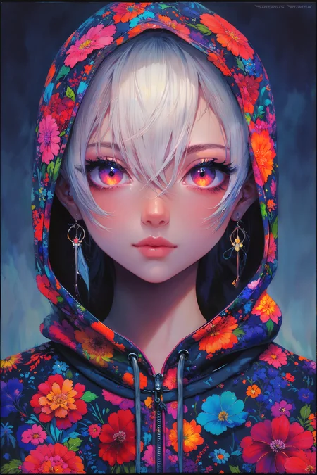 (hooded sweatshirt:1.1),((masterpiece)), ((best quality)), (ultra-detailed), ((extremely detailed)), 4K, (8K), best quality, (beautiful), extremely detailed,young anime woman, 1 beauty woman, make up, solo,bob cut,side braid,(two-tone coloring:1.6),beautiful white hair,(beautiful red hair),beautiful pink eyes, beautiful lips,(small breasts:1.2),slim, sad smile, earrings,(Lots of earrings),Ear Body Piercing
