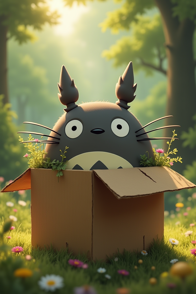 A whimsical scene of Totoro's curious face peeking out from a worn cardboard box. The box's flaps are slightly ajar, revealing the forest spirit's endearing expression. Soft light filters through the cardboard, casting a warm glow on Totoro's gentle features. In the background, a blurred forest landscape is visible, with trees and flowers seemingly bursting forth from the box itself.