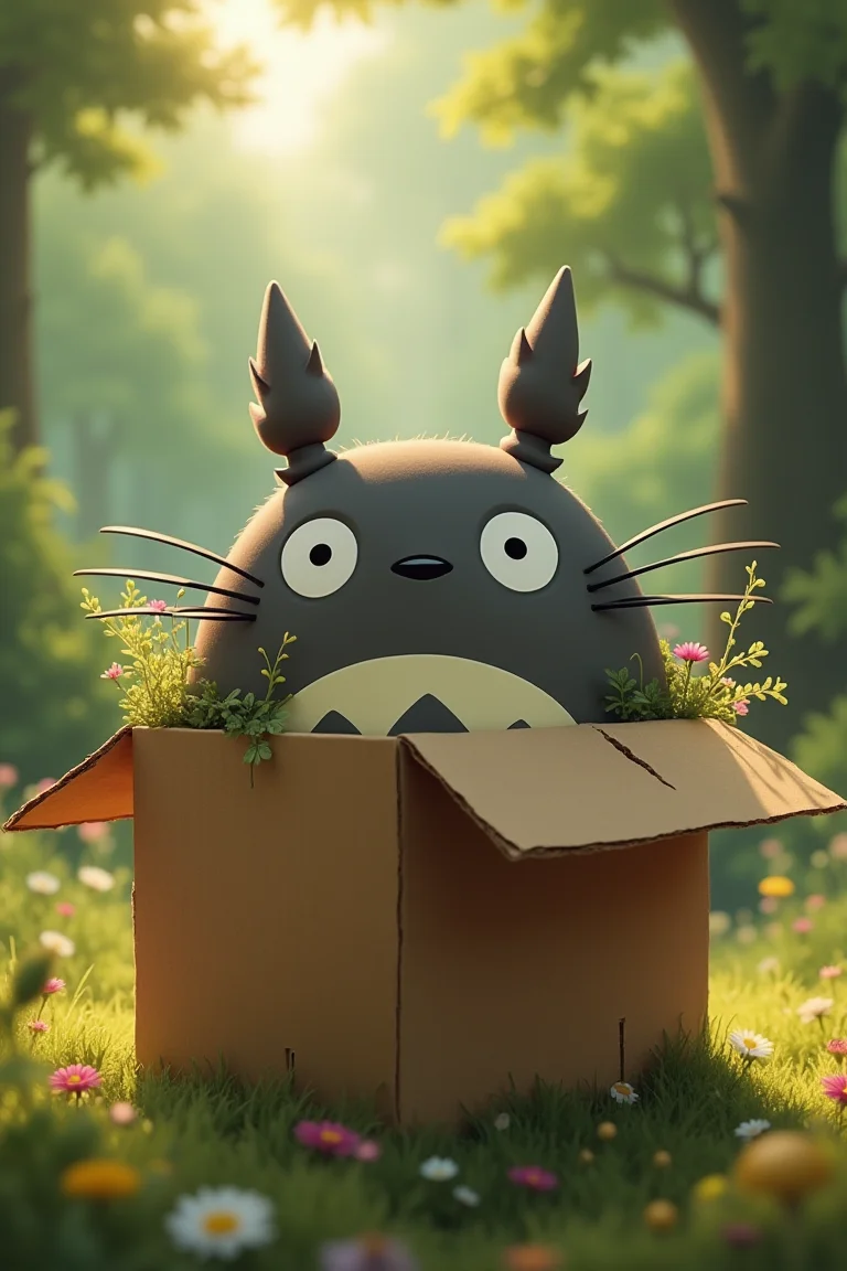 A whimsical scene of Totoro's curious face peeking out from a worn cardboard box. The box's flaps are slightly ajar, revealing the forest spirit's endearing expression. Soft light filters through the cardboard, casting a warm glow on Totoro's gentle features. In the background, a blurred forest landscape is visible, with trees and flowers seemingly bursting forth from the box itself.