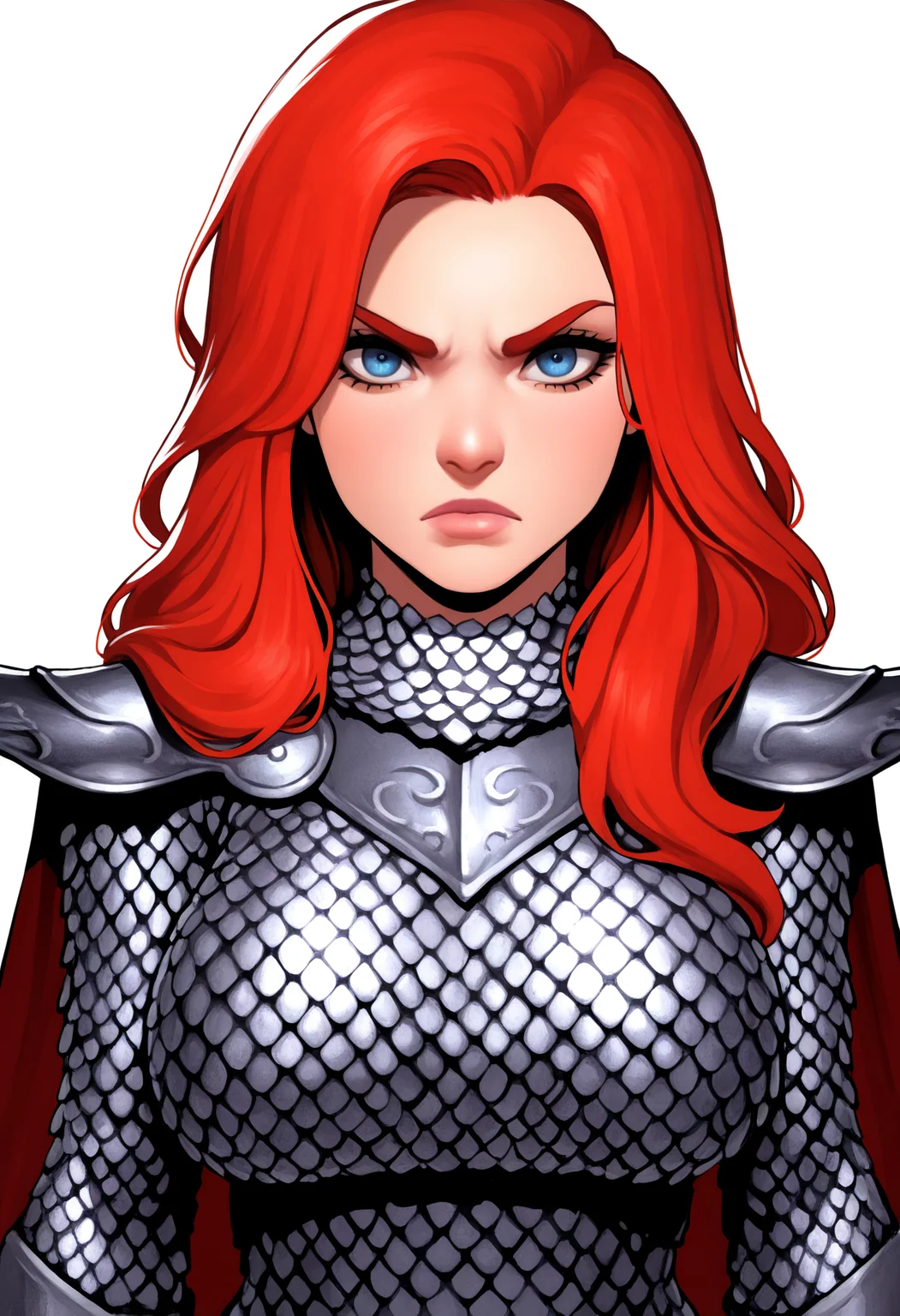 best quality, amazing quality, very aesthetic, absurdres,
1girl, redsonja, red hair, long hair, blue eyes,
armor, cape, chainmail,
large breasts, serious,
upper body,
solo, looking at viewer,
simple background, white background, <lora:RedSonjaNoobXL_byKonan:1>