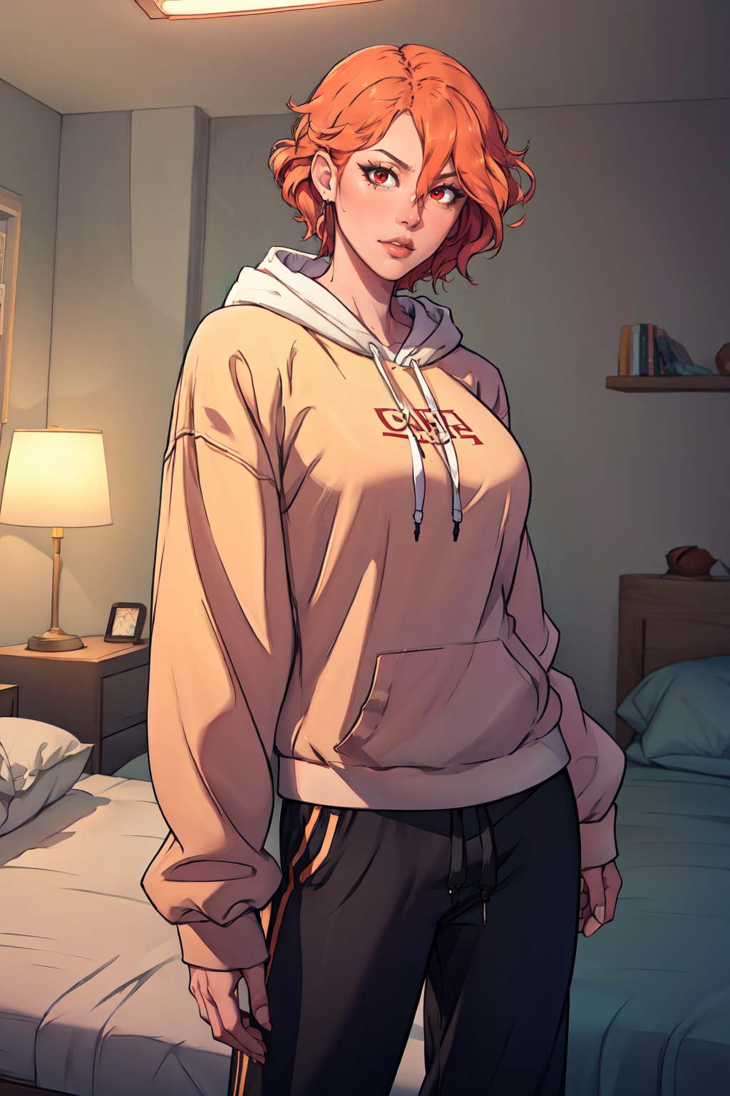 (masterpiece, best quality, absurdres, 4k, aesthetic, detailed, intricate, perfect lighting),bedroom,1girl,cowboy shot, oversized clothes,hoodie,sweatpants,EPefKronya,<lora:EPefKronya:0.8> <lora:Oversized Clothes 2_400740:1.3>