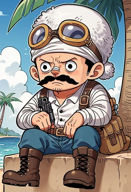 score_9,score_8_up,score_7_up, toon style, thick white outline around character, chibi style, small character
1guy, 1male, short, handle bar mustache, bushy hair, wearing fur trimmed winter cap, goggles, wearing wrinkled white shirt, blue shorts, sleepy eyes,  worn combat boots, bandaged up, runny nose, sitting on a palm tree, fishing, armed with a old and worn single shot pistol
easynegative, onepiecestyle, ARTSTYLE_OnePiece_MangaColored_ownwaifu