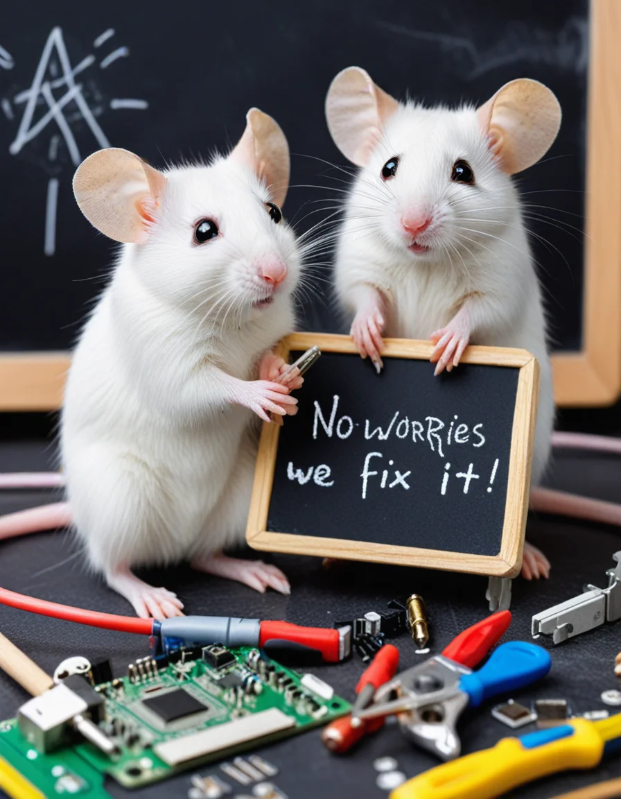 mice with tools repairing motherboard computer parts, text "no worrries we fix it" written on chalkboard, chewing on wires <lora:sdxl_lightning_8step_lora:1>