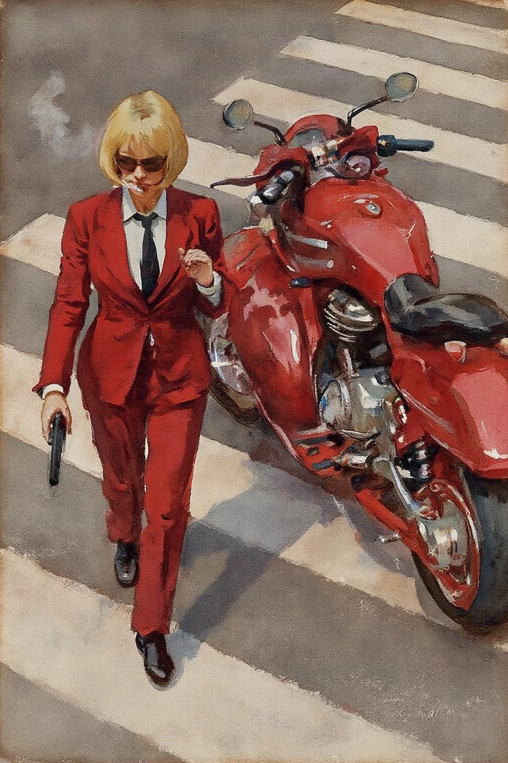 johnsingersargent3 painting. 
 Overhead shot of an Blonde woman walking away from a futuristic motorcycle parked at a zebra crossing. The woman has bob hair, is smoking. She wear a red business suit, white shirt, black tie, and sunglasses. She holds a gun with a confident grip. The motorcycle itself is red, sleek and metallic, with intricate designs and a futuristic vibe  <lora:johnsingersargent3_cap_d8a4e12:1.0><lora:859974446105027321:0>