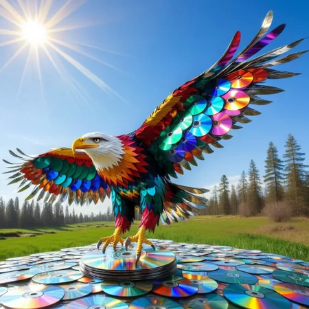 lazypos, made of cd's, colorful eagle made of cd's, flying over a landscape made of cd's, feathers reflecting sun rays,  fantasy background