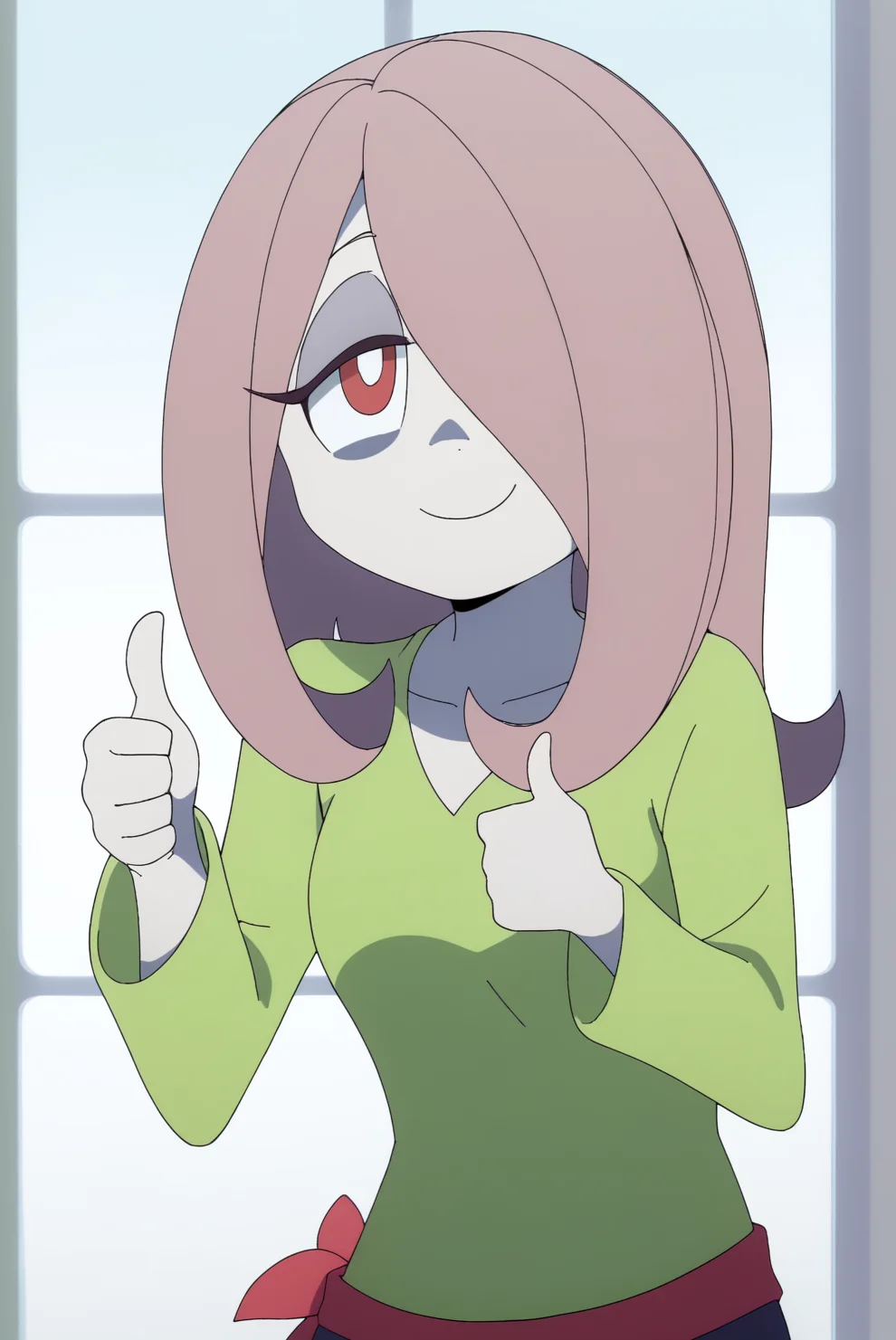 smiling, thumbs up to viewer, friendly, helpful, cheerful expression, Sucy Manbavaran, solo <lora:Little_Witch_Academia-Sucy_Manbavaran-PDXL:0.8>