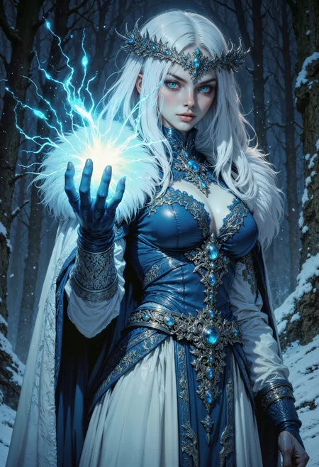 A highly detailed digital artwork depicting a mystical, fantasy character set against a dark, snowy forest backdrop. The central figure is a female sorceress with an ethereal, otherworldly presence. She has long, flowing white hair that appears almost luminous, with strands illuminated by an eerie, blue glow emanating from her hands. Her eyes are piercing, with an intense blue hue, and her expression is a mix of determination and mystery.
She wears an elaborate, icy blue and white outfit adorned with intricate patterns and textures that resemble frost and snow. Her attire includes a high-collared, fur-trimmed cloak and a belt with a large, ornate pendant, hinting at her magical prowess. She also has a headpiece resembling a crown with blue, gem-like adornments.
The background is a dense forest blanketed in snow, with dark, bare trees that create a stark contrast to the bright, glowing aura surrounding the sorceress. The snow on the ground sparkles with a similar blue light, enhancing the magical atmosphere. The overall color palette is dominated by cool blues and whites, contributing to the wintry, mystical feel of the scene. This image combines elements of fantasy, magic, and the beauty of nature, creating a captivating and immersive visual experience.