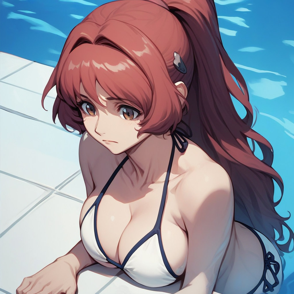 source_anime, ((score_9)),score_8_up,score_7_up,score_6_up,score_5_up,score_4_up, takama_kozue, t4k4m4k0zu3, 1woman, large breasts, brown_eyes, long hair, red hair, hair intakes, bang, sidelocks, ponytail, hairclip, white bikini, pool, masterpiece, best quality