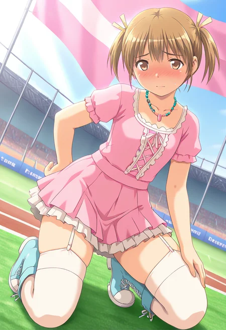 masterpiece, best quality, amazing quality, 1girl, solo, kozueww, brown eyes, brown hair, short hair, twintails, hair ribbon, flat chest, kids fashion, feminine clothing, pastel colors, frilled dress, lace, frills, miniskirts, blouses petticoat, bow, ribbon, chokers, layered necklaces, thighs, zettai ryouiki, garter belt, garter straps, laced-up boots, <lora:Shintaisou_Kari_Kozue_Morishita_ill:0.9>, dutch angle, full shot, kneeling, hand on knee, worried face, closed mouth, nose blush, looking at viewer, tense pose, track and field, sports festival, skindentation, detailed clothing folds, depth of field, sharp, high contrast, dynamic light