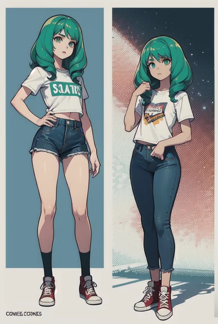 1girl, flayn, <lora:flayn-nvwls-v1-final:0.4>, full body shot, high waisted jeans, band t-shirt, red converse high tops, small chest, flat chest