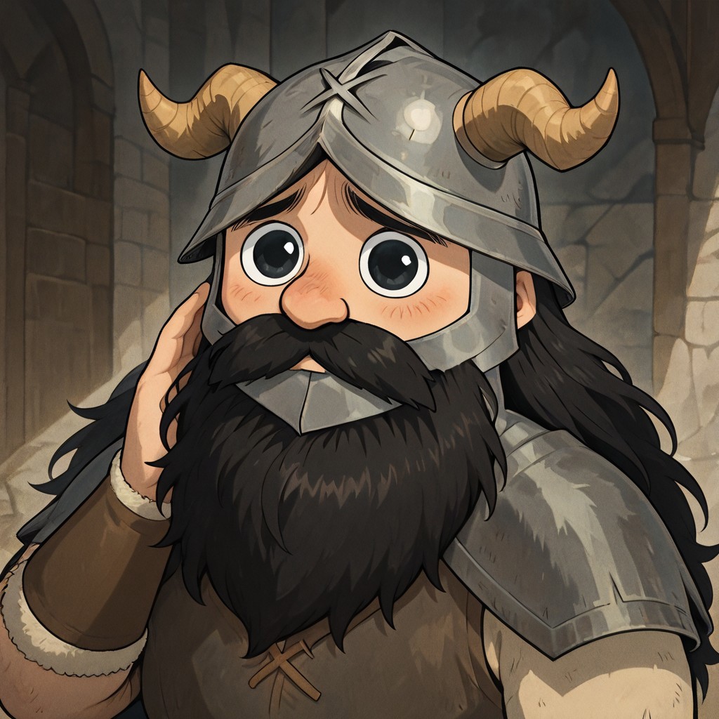 masterpiece, best quality, newest, absurdres, highres, P/PEV1.0, pleading eyes, 1boy, Senshi \(dungeon_meshi\), dwarf, helmet, horns, horned helmet, fake horns, beard, black eyes, black hair,