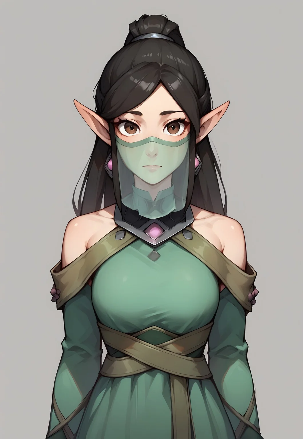safe_pos, score_9, score_8_up, ying, default_ying, pointy ears, veil, brown eyes, black hair, long hair, bright green dress,