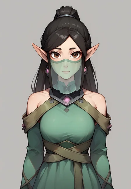 safe_pos, score_9, score_8_up, ying, default_ying, pointy ears, veil, brown eyes, black hair, long hair, bright green dress,