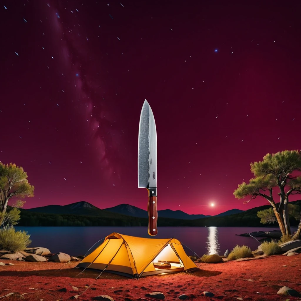 (knife showcase) <lora:51_knife_showcase:1.1>
Maroon background,
high quality, professional, highres, amazing, dramatic,
(Lakeside camping site and starry night:0.5),