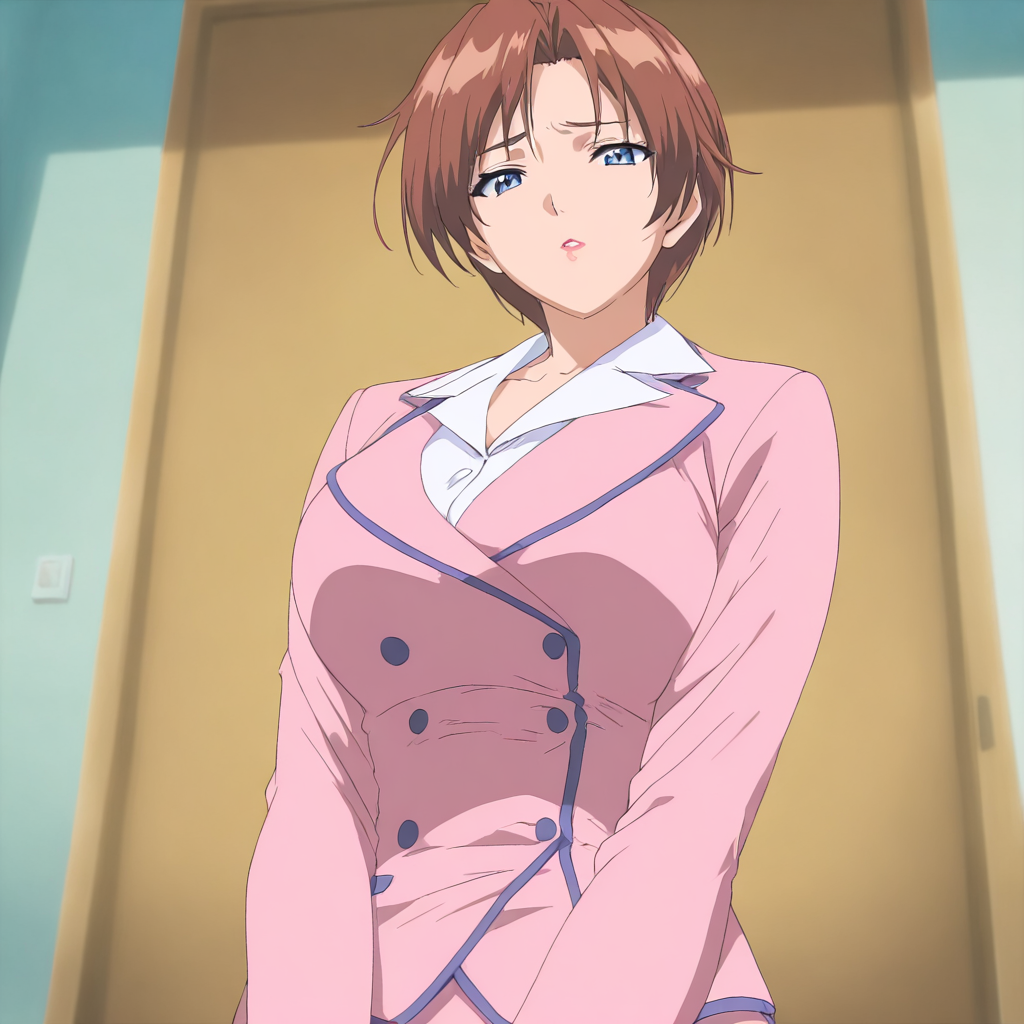 solo,looking at viewer,upper_body,masterpiece,high score,great score,absurdres,anime coloring,<lora:Ayano_Kashiwagi ag4o v1:1> ayano_kashiwagi, brown hair, short hair, blue eyes, mature_female,skirt suit,long sleeves,