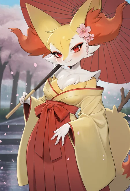 1girl,furry female,pokemon \(creature\),braixen,small breasts,fox girl,fox ears,fox tail,body fur,multicolored fur,white fur,neck fur,yellow fur,animal ear fluff,stick,red eyes,
(jtveemo:0.8),(jtvnoob:0.5),solo,blurry background,outdoors,cherry blossoms,falling petals,
standing,holding umbrella,oil-paper umbrella,umbrella over shoulder,
looking at viewer,smile,closed mouth,
hakama,hakama skirt,japanese clothes,kimono,wide sleeves,off shoulder,bare shoulders,hair flower,
masterpiece,best quality,highres,absurdres,newest,very awa,