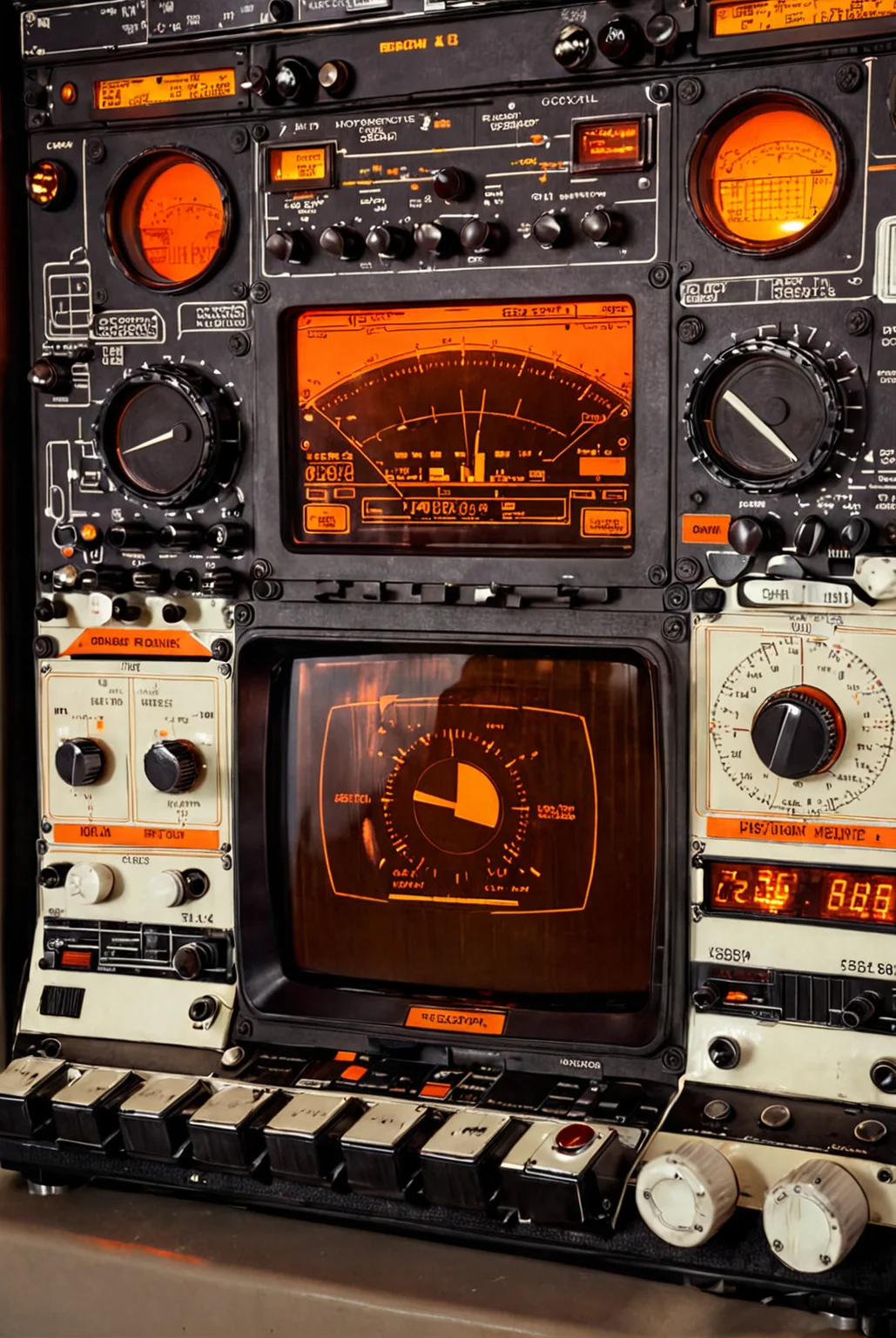 ((extremely large machine interface)), Oscilloscope, brown radio unit, sin wave, crt screen, futuristic black control panel, realistic details, orange buttons, white atmosphere, accurate reflections
smooth dials, detailed knobs, brown orange white dominated
[reflections, realistic soft lighting, realistic, high quality photo, 4k, hd, 7-AnalogueInterfaces]
 <lora:Analogue Interfaces v1.0:0.8> <lora:add-detail-xl:0.5>