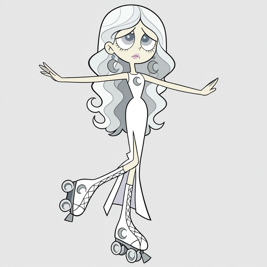 masterpiece, best quality, amazing quality, 
perfect cute face, on model, accurate art style, cartoon screencap, show accurate, moonmwatgg, 1girl, solo, white hair, long hair, wavy hair, gray eyes, light pink lipstick, crescent moon earrings, white sleeveless dress, long dress, white roller skates, full body, frown, leg up, outstretched arms, simple background
