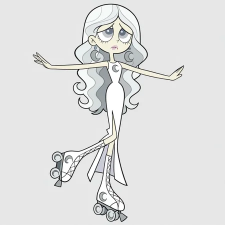 masterpiece, best quality, amazing quality, 
perfect cute face, on model, accurate art style, cartoon screencap, show accurate, moonmwatgg, 1girl, solo, white hair, long hair, wavy hair, gray eyes, light pink lipstick, crescent moon earrings, white sleeveless dress, long dress, white roller skates, full body, frown, leg up, outstretched arms, simple background