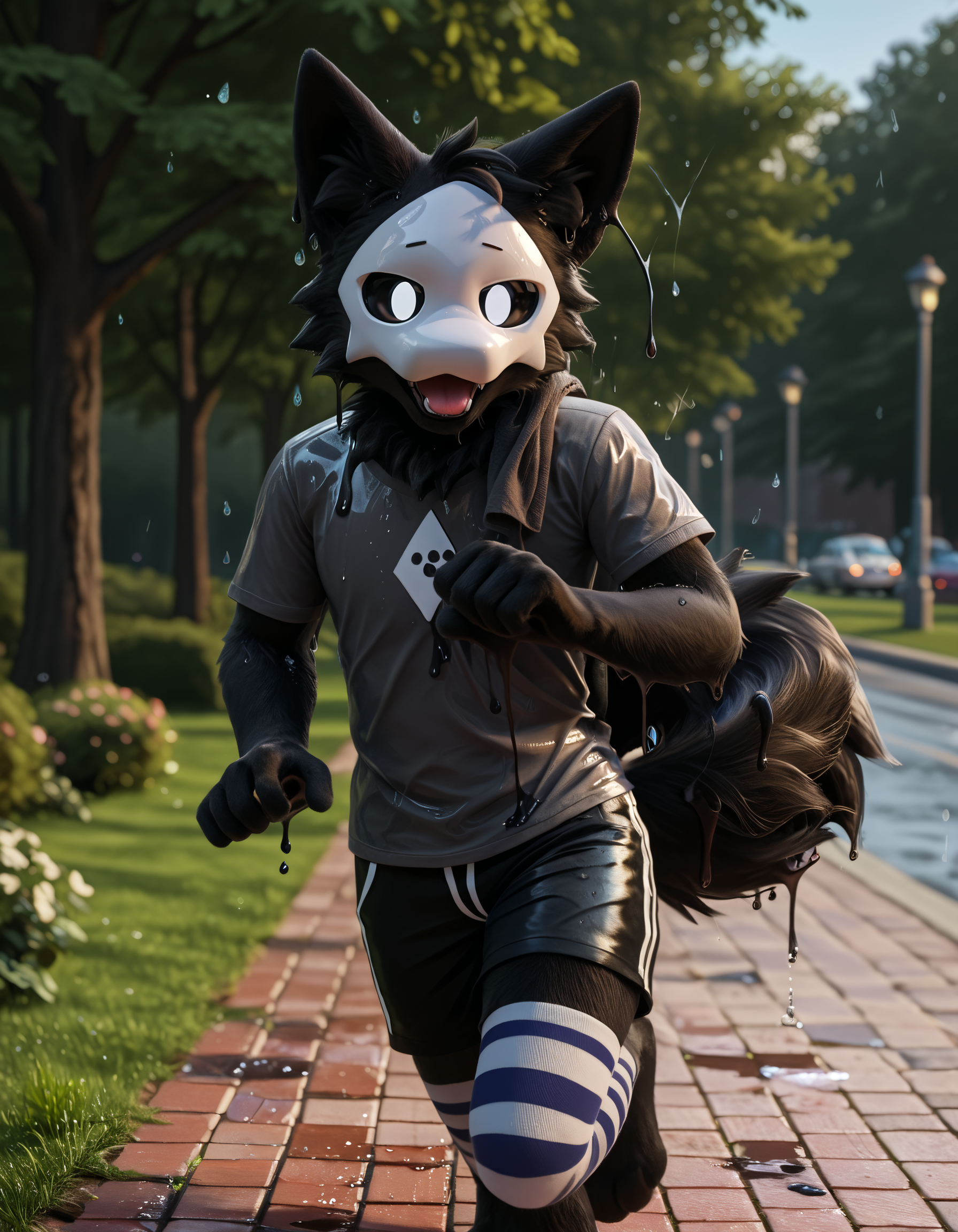 score_9, score_8_up, score_7_up BREAK source_furry, rating_safe, masterpiece, best quality, ultra realistic, detailed eyes, 4k, 2k, film photography, RAW photo, photorealistic, analog style, subsurface scattering, photorealism, detailed eyes, perfect eyes, <lora:add-detail-xl:1.0>,   <lora:sinfully_stylish_SDXL.safetensors:1.0>, dutch angle, (detailed background, anthro, furry:1.2), <lora:Puro_Changed.safetensors:1.0>, puro_changed, puro (changed), changed (video game), (male:1.15), mammal, black fur, mask, black body, anthro, solo, canid, canine, fur, white eyes, black sclera, canis, colored sclera, no humans, black eyes, fluffy tail, animal ears, (goo, goo body, expressive goo:1.2), horny, seductive, digitigrade, barefoot, biped, close up, long striped stockings,  park, rain, fluffy fur, skin tight clothes, blue t-shirt, black shorts, sweating, steamy, panting, (running, dynamic pose:1.15), towel around neck, cute