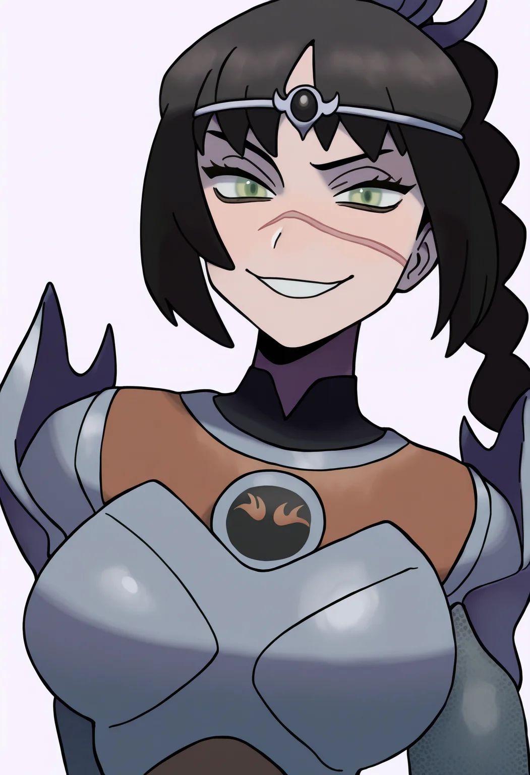 sugimori ken,
best quality, amazing quality, very aesthetic, absurdres,
1girl, solo, shadowheart, black hair, braided ponytail, green eyes, scar on face, circlet, armor, large breasts,
horny smile, looking at viewer, upper body, simple background, white background <lora:ShadowHeartIllustrious_byKonan:0.7> <lora:KenSugimoriIllustriousLocon_byKonan:1>